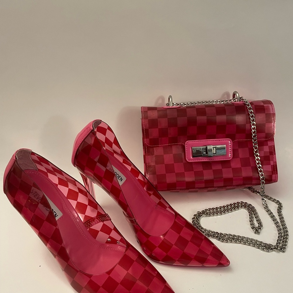 Steve Madden Hot Pink Checkered Heels and Purse